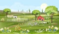 Rural farm landscape with green fields and barn animals cow, goats, sheep and windmills on hill with blue sky and clouds, Vector