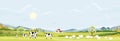 Rural farm landscape with green fields and barn animals cow, goats, sheep and windmills on hill with blue sky and clouds, Vector Royalty Free Stock Photo