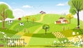 Rural farm landscape with green fields, farm hous, barn, animals cow, blue sky and clouds, Vector cartoon Spring or Summer Royalty Free Stock Photo