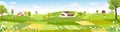 Rural farm landscape with green fields, farm house, barn, animals cow, blue sky and clouds,  Vector cartoon Spring or Summer Royalty Free Stock Photo