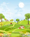Rural farm landscape with green fields, farm house, barn, animals cow, blue sky and clouds,  Vector cartoon Spring or Summer Royalty Free Stock Photo