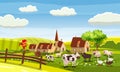 Rural farm landscape with green fields hills and farm village buildings animals cows sheeps ram goose duck cock bull Royalty Free Stock Photo
