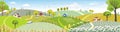 Rural farm landscape with green fields, farm house, barn, animals cow, blue sky and clouds, Vector cartoon Spring or Summer