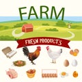 Rural Farm Landscape with Hen, Rooster and Eggs Realistic Icons. Vector Illustration Royalty Free Stock Photo