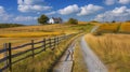 Rural farm landscape, rolling yellow meadow, under a blue sky Royalty Free Stock Photo