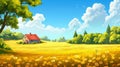 Rural farm landscape, rolling yellow meadow, under a blue sky Royalty Free Stock Photo