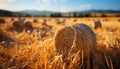 Rural farm landscape Wheat meadow, rolled hay bales, golden sunset generated by AI Royalty Free Stock Photo