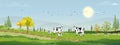 Rural farm lansdscape with green fields and barn animals cows, windmills on hill with blue sky and clouds, Vector cartoon Spring Royalty Free Stock Photo