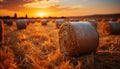 Rural farm meadow, sunset haystacks, golden wheat, autumn landscape generated by AI Royalty Free Stock Photo