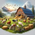 Rural farm scene with barn and animals on a transparent backrou