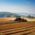 Rural farmer driving harvesting ripe pumpkin in plowed field generated by