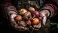 Rural farmer holding fresh vegetables, harvesting nature bounty outdoors generated by AI