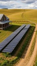 Rural Farmhouse with Extensive Solar Panel Array on Sunny Grassy Field solar panels solar array Royalty Free Stock Photo