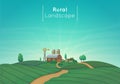 Rural farming landscape vector illustration. Farm house, barn, silos, windmill with bushes and trees.