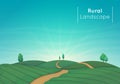 Rural farming landscape vector illustration. Green agricultural fields with trees and a dirt road. Royalty Free Stock Photo