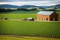 Rural farmstead, showcasing the sprawling farmland and multiple vehicles, AI-generated. Royalty Free Stock Photo