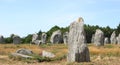 Rural field with grouping of upright monoliths and large stones with blue sky in the background