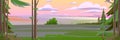 Rural fields. Beautiful scene in nature. Nice summer landscape in morning or in evening. Illustration in cartoon style