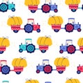 Rural fields seamless pattern. A village of work. Vector hand drawn farm land with tractor and hay. Trendy doodle style