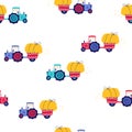 Rural fields seamless pattern. A village of work. Vector hand drawn farm land with tractor and hay. Trendy doodle style