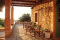 Rural greek country outdoor restaurant on pergola terrace with e