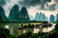 Rural Guilin, Guangxi, China panorama with karst mountains along the Li River