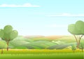 Rural harvest landscape. Farm garden and fruit trees. Foggy distance. Funny cartoon design illustration. Suburban Royalty Free Stock Photo