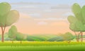 Rural harvest landscape. Morning sunrise. Farm garden and fruit trees. Funny cartoon design illustration. Suburban Royalty Free Stock Photo