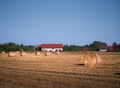 Rural hay bales at the field with a small building in the background against the blue sky Royalty Free Stock Photo