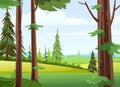 Rural hills and fields with coniferous trees. Cute funny floral green landscape. Rural countryside. Illustration in