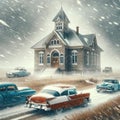 Rural Historic Schoolhouse Winter Snowstorm Vintage Retro Building Steeple Exterior AI Generate