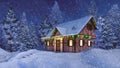 Rural house decorated for Christmas at snowy night