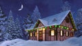 Rural house decorated for Xmas at winter night 3D Royalty Free Stock Photo