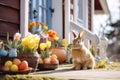 Rural house Easter decorated porch with pet rabbit, easter eggs and spring flowers Royalty Free Stock Photo