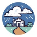 Rural house under storm clouds with rain. Farmhouse in bad weather. Cozy cottage during a downpour vector illustration Royalty Free Stock Photo