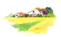 Rural house and yellow field in Provence, France. Watercolor Royalty Free Stock Photo