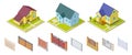 Rural houses and fences. Isolated outdoor design elements. Isometric buildings and gates vector set Royalty Free Stock Photo