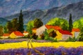 Rural houses and high cypress trees on hill. Mountains in background. Oil painting palette knife Royalty Free Stock Photo