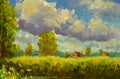 Rural houses with a red roof, large clouds, green trees, grass. Summer rural landscape with acrylic oil canvas.