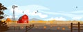 Rural illustration with pumpkins and red barn.