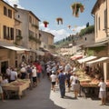 a rural Italian countryside town a small market scene with people browsing the stalls.