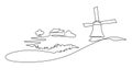 Rural Italian landscape continuous one line vector drawing. Hills, house, trees, mill and lake hand drawn silhouette