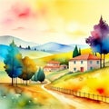Rural italian landscape. Olive plantation with old olive trees in Italy watercolor illustration. Summer landscape