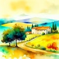 Rural italian landscape. Olive plantation with old olive trees in Italy watercolor illustration. Summer landscape