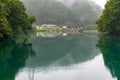 Rural Japanese landscape of small village in the forest and lake Royalty Free Stock Photo