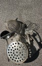 Rural kitchen utensil - strainers on the table with free text space. Royalty Free Stock Photo
