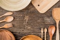 Rural kitchen utensils on vintage planked wood table from above Royalty Free Stock Photo