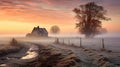 rural land dawn fog landscape