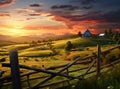 A rural landscape adorned with fields of verdant grass, harmonizing with the hues of a setting sun in the background. Royalty Free Stock Photo
