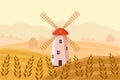 Rural landscape autumn morning. Windmill in a field with ripe rye. Agricultural fields with wheat and a mill Royalty Free Stock Photo